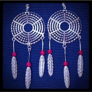 Handmade Funky Abstract Silver Plated Pink Fossil Stone Dreamcatcher Earrings